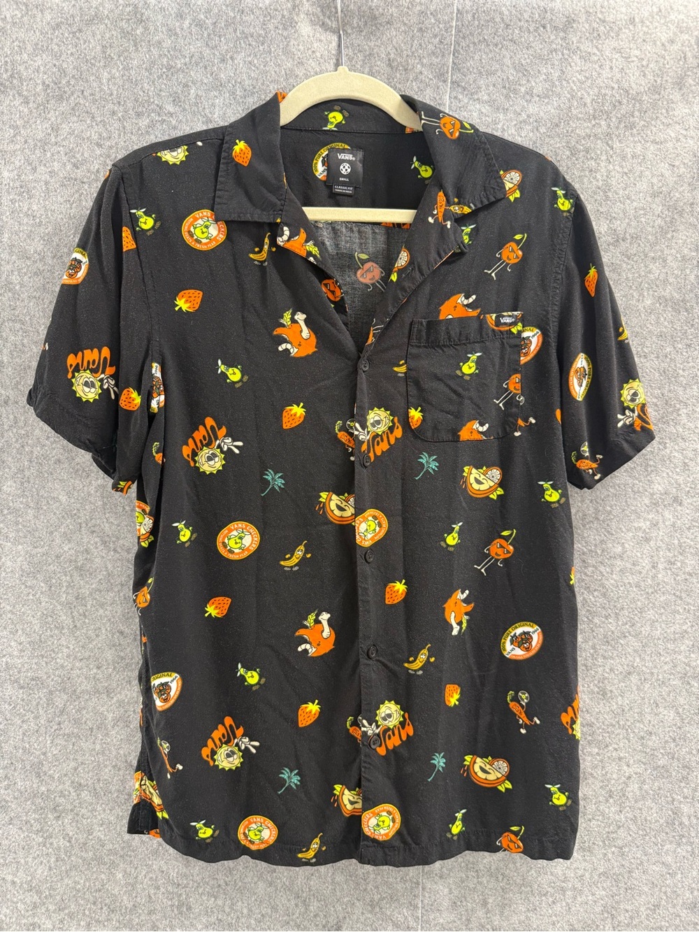 Vans Black Short-Sleeve Camp Shirt with Orange & Lime Novelty Print - Mens S